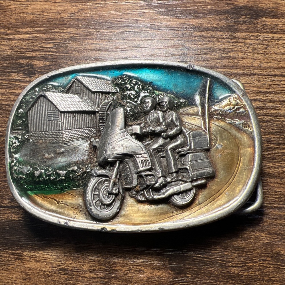Vintage Bergamot Brass Works belt buckle 1984 pewter lacquer N-149 Motorcycle